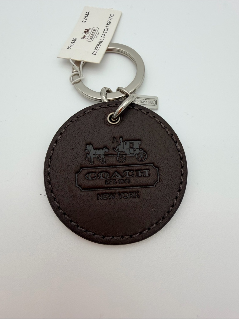 Coach Baseball Patch Leather Keychain Fob Brown Silver Hardware